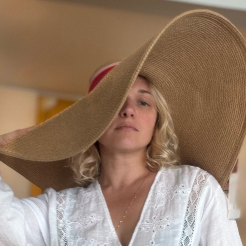 Trina Turk Wide Brim Beach Hat with Pink Ribbon